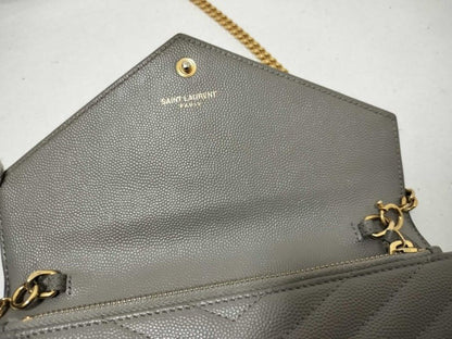 Saint Laurent Yves Chain Wallet Cassandra Gray Leather Stitch Gold — view 8