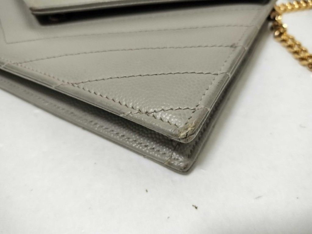 Saint Laurent Yves Chain Wallet Cassandra Gray Leather Stitch Gold — view 6