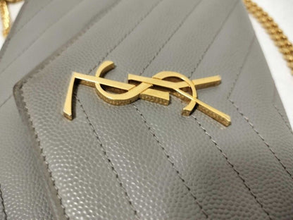 Saint Laurent Yves Chain Wallet Cassandra Gray Leather Stitch Gold — view 9
