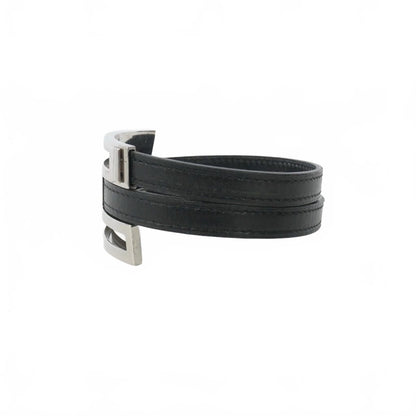 Hermes Leather Bangle Bracelet Black Silver — view 2