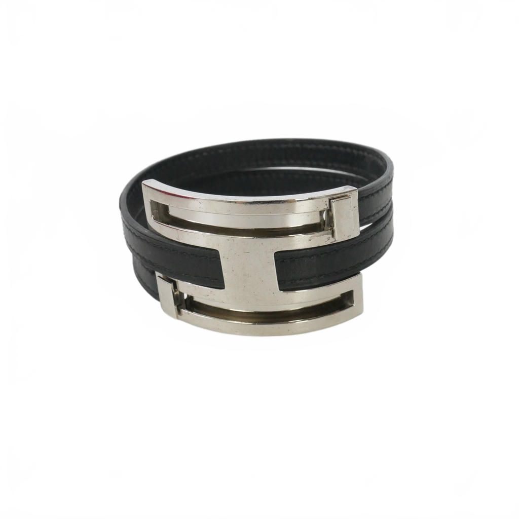 Hermes Leather Bangle Bracelet Black Silver