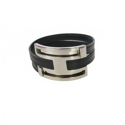 Hermes Leather Bangle Bracelet Black Silver