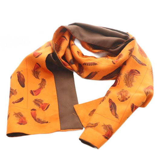 Hermes Reversible Scarf Lightweight Silk Feather Pattern Orange Brown