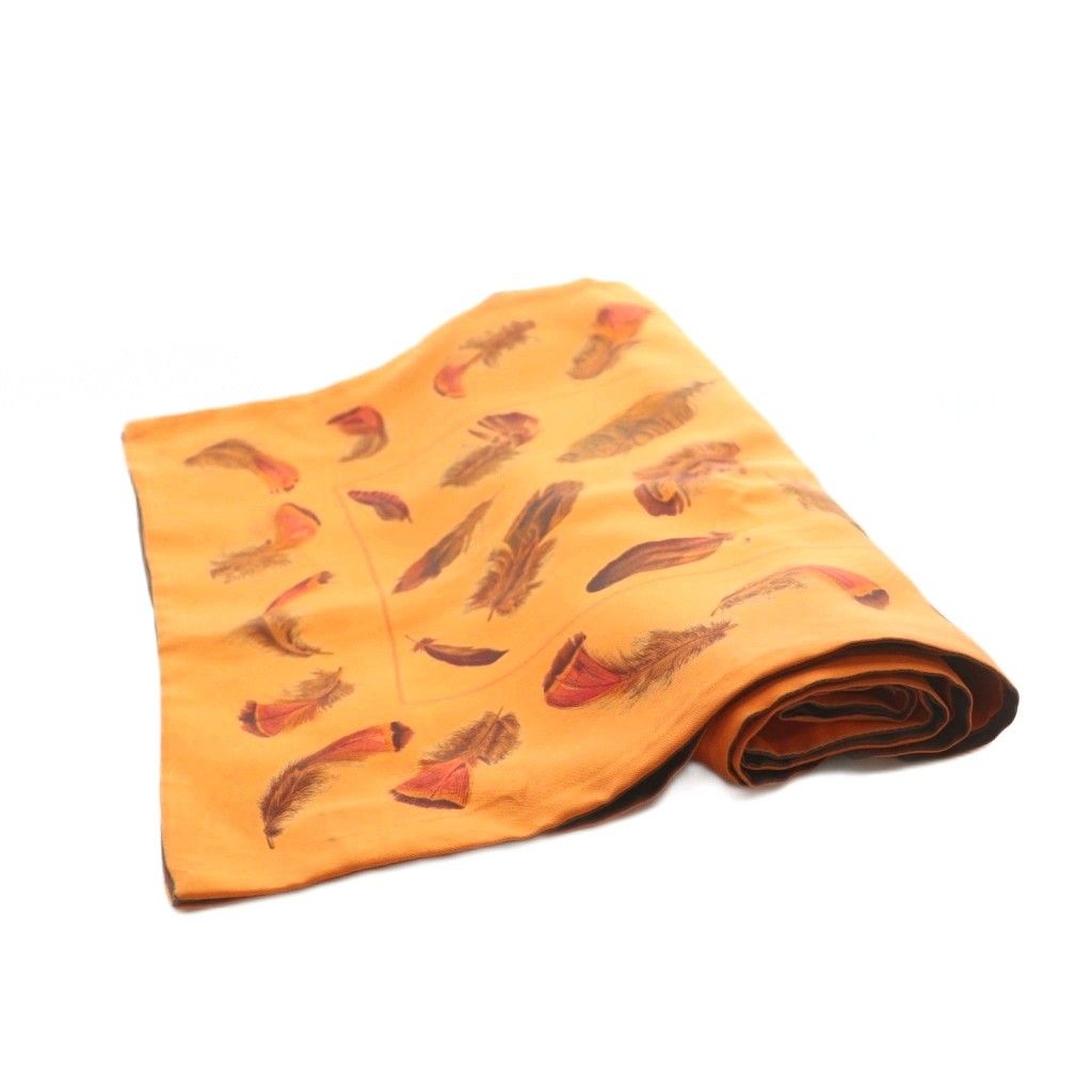 Hermes Reversible Scarf Lightweight Silk Feather Pattern Orange Brown — view 4