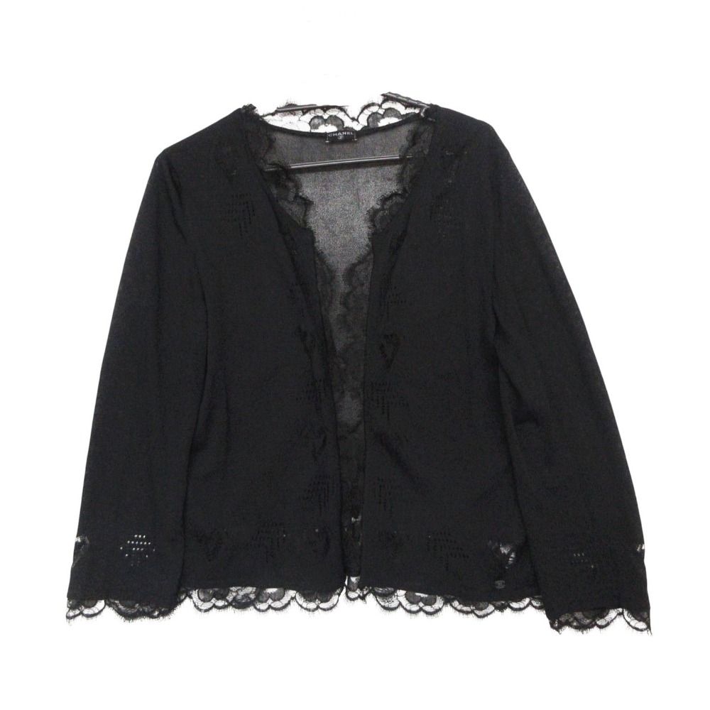Chanel Cardigan See Through Lace Long Sleeve Top Black