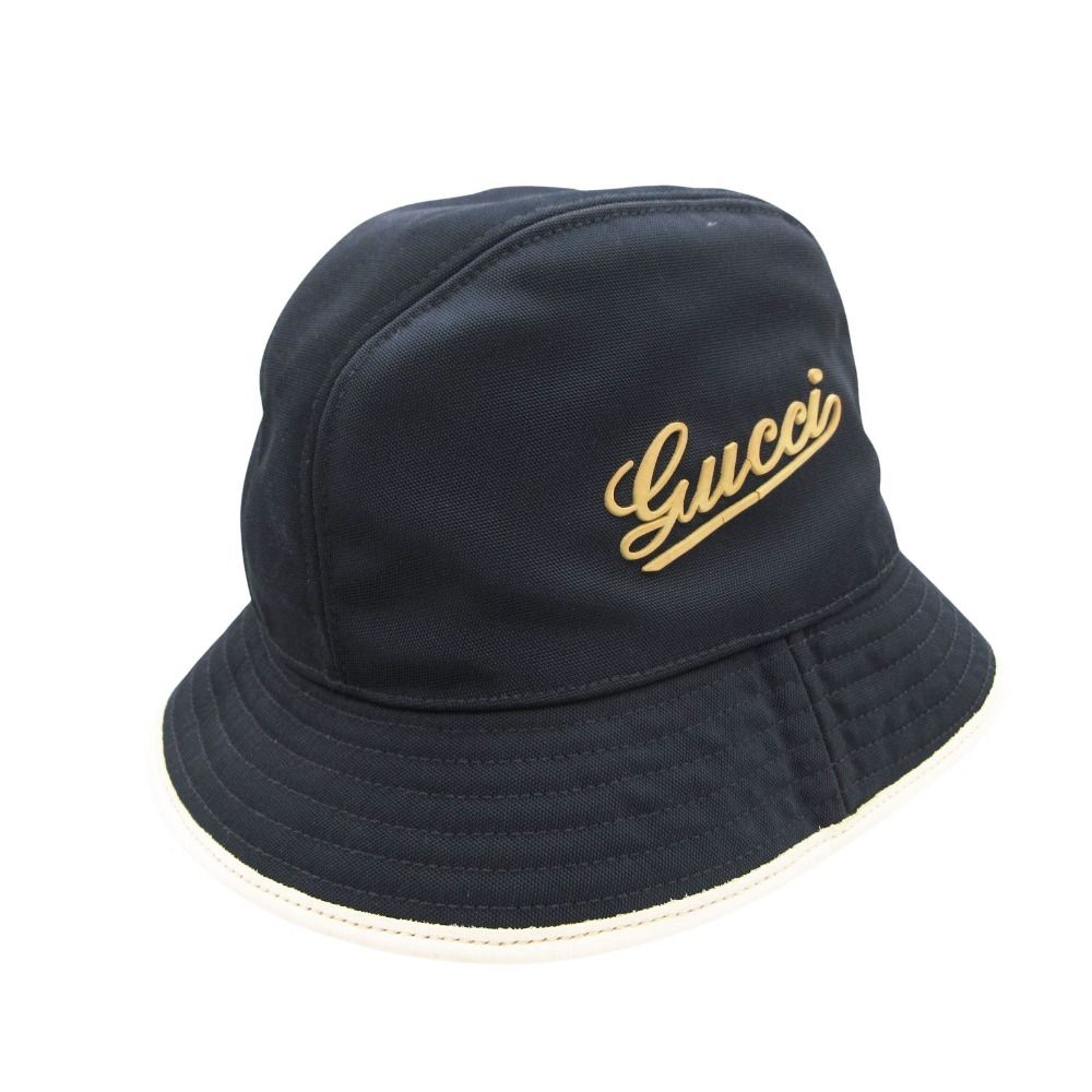 Gucci Hat Logo Nylon Leather Piping Bucket Hat Navy