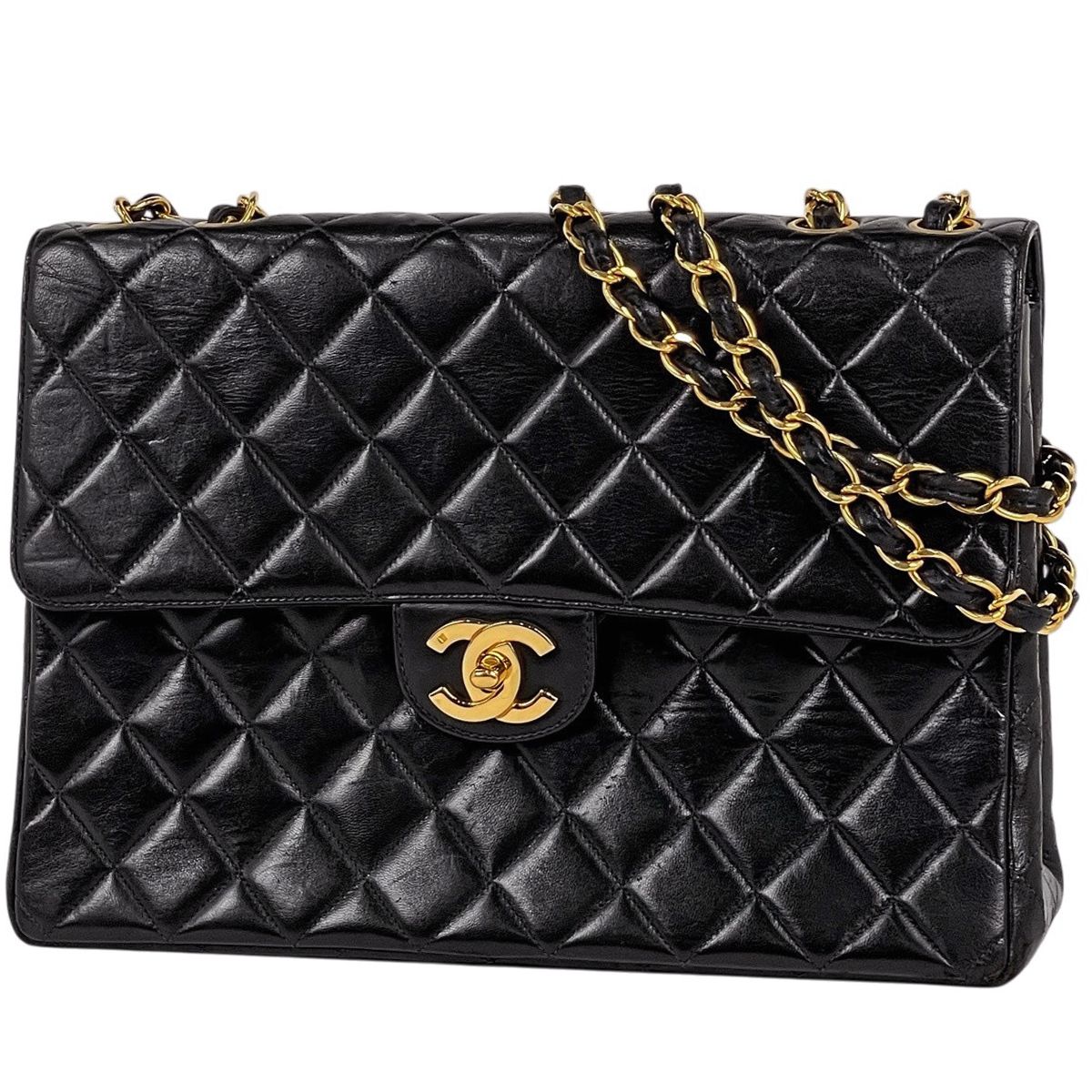 Chanel Big Quilted Single Flap Chain Shoulder Bag CC Logo Leather Black