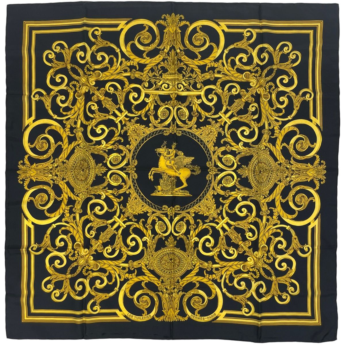 Hermes Carre 90 les Tuileries Chulli Park Scarf Silk Black Gold