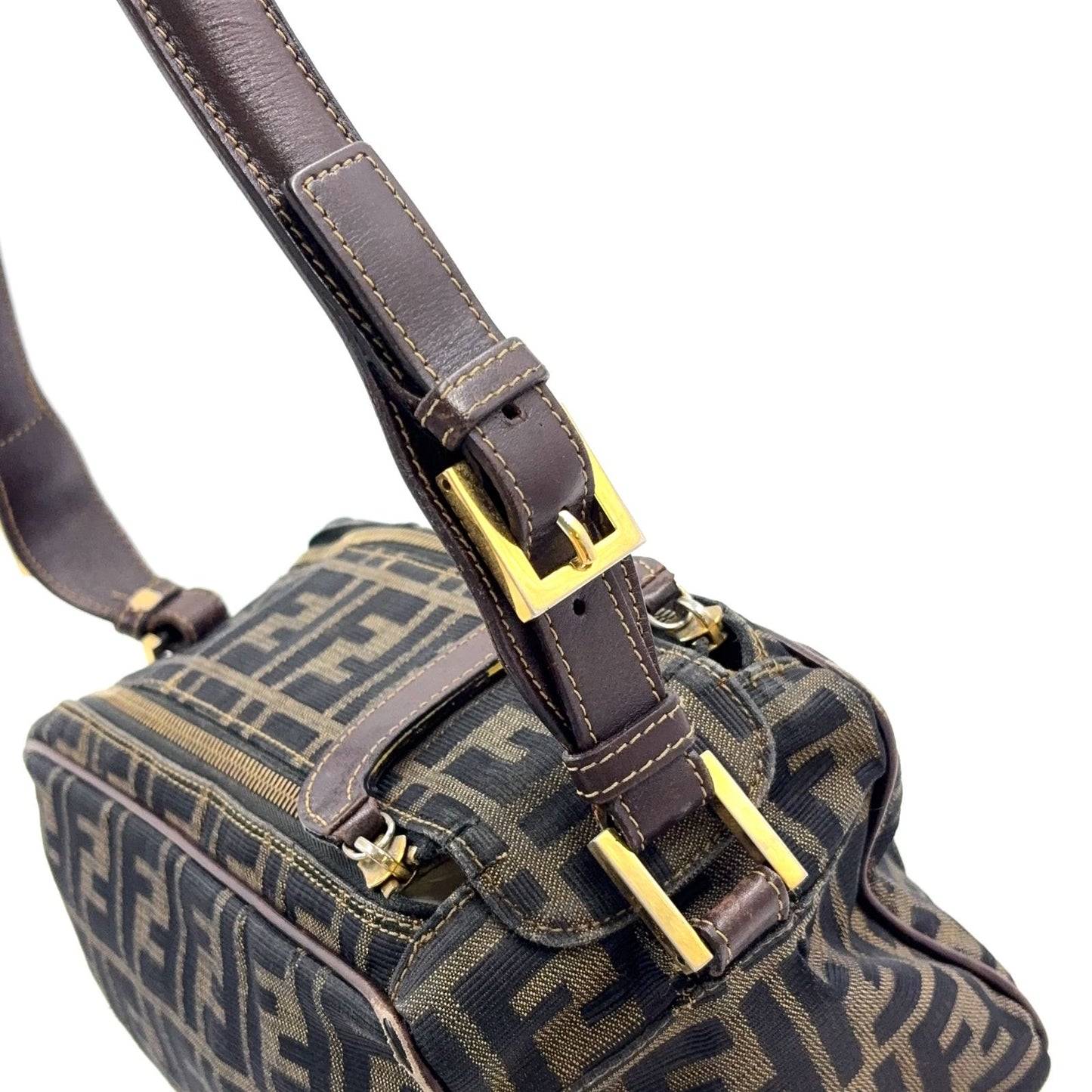 Fendi Zucca Pattern Square Leather Canvas Dark Brown Shoulder Bag Gold — view 8