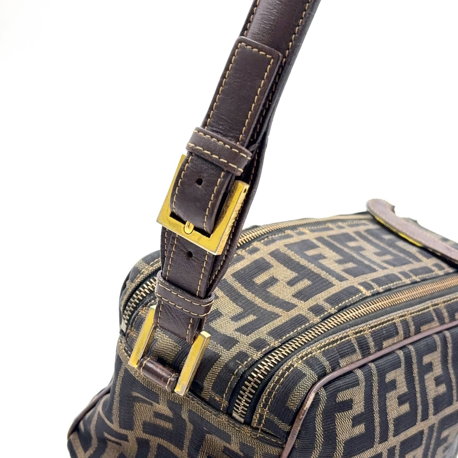 Fendi Zucca Pattern Square Leather Canvas Dark Brown Shoulder Bag Gold — view 7