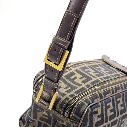 Fendi Zucca Pattern Square Leather Canvas Dark Brown Shoulder Bag Gold — view 7