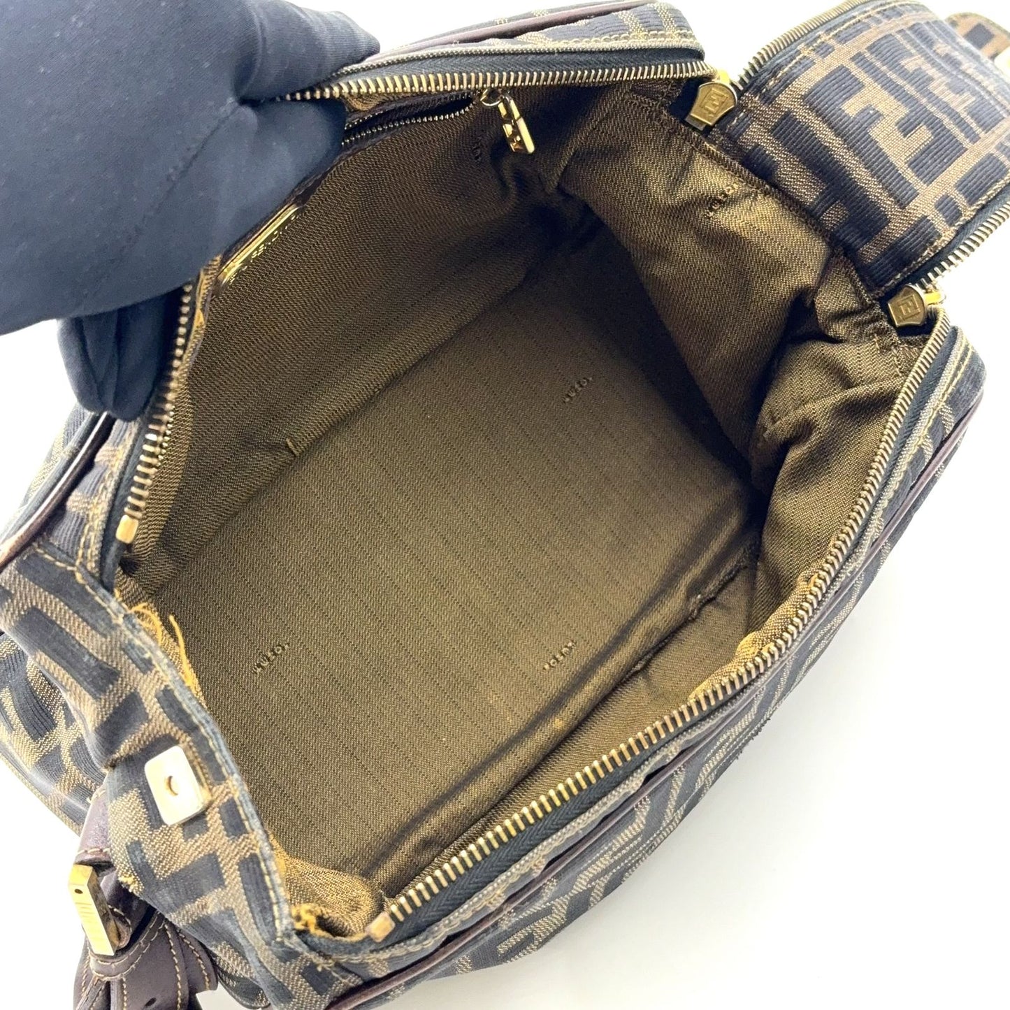 Fendi Zucca Pattern Square Leather Canvas Dark Brown Shoulder Bag Gold — view 3