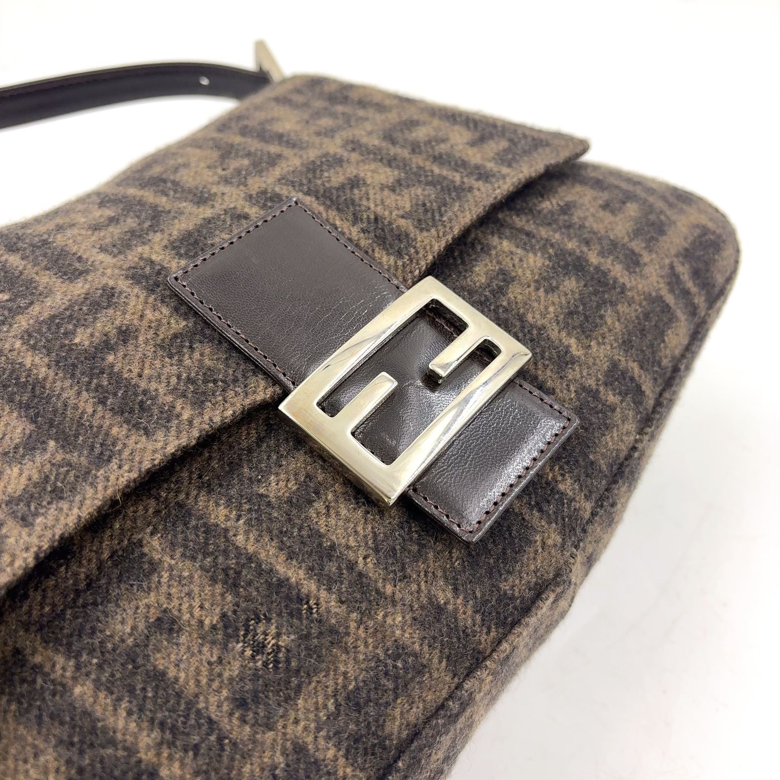Fendi Zucca Pattern Mamma Bucket Leather Wool Dark Brown Shoulder Bag Silver — view 9