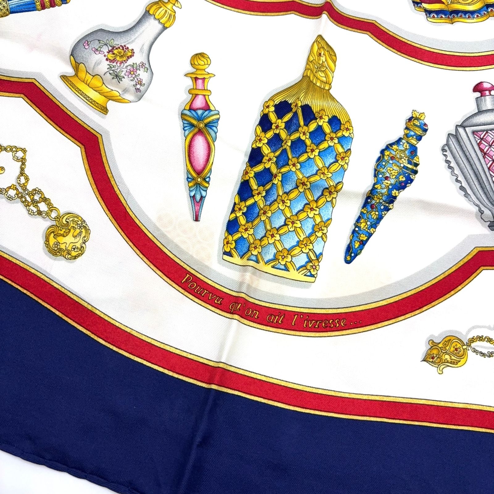 Hermes Carre 90 Perfume Bottle Pattern Silk Navy White Scarf — view 6