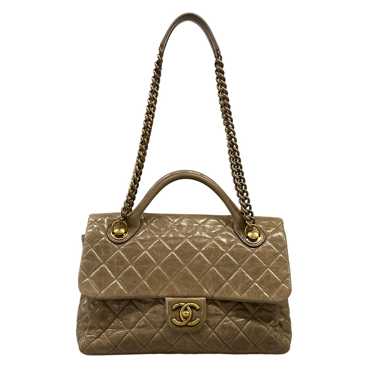 Chanel Shoulder Bag Quilted Beige Vintage Gold 2-Way Flap Chain