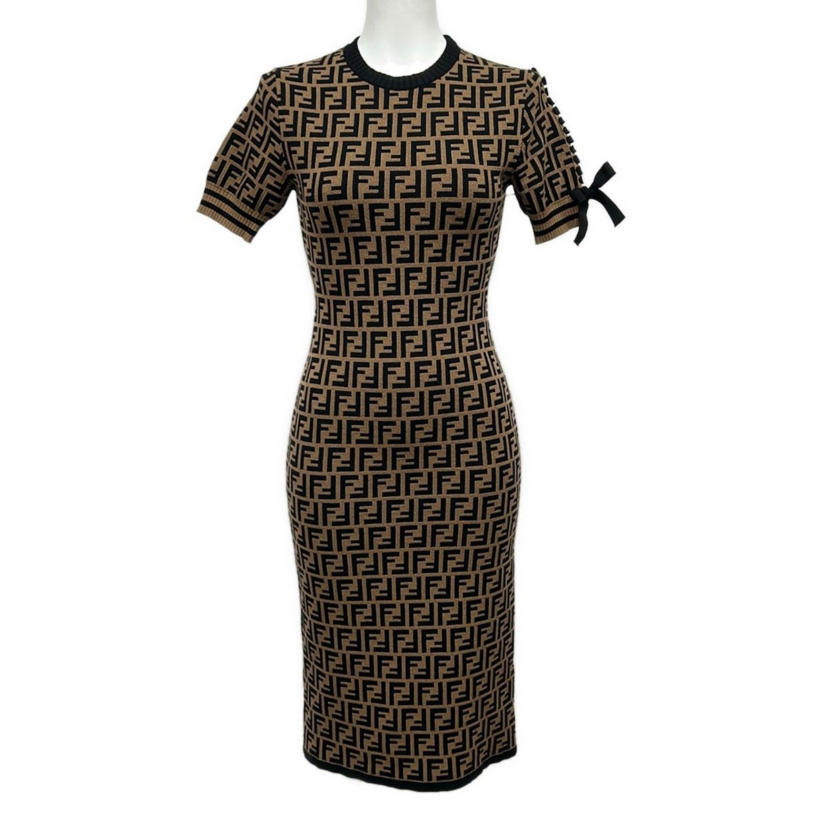 Fendi Dress 38 S Black Brown Zucca Pattern Ribbon Knit