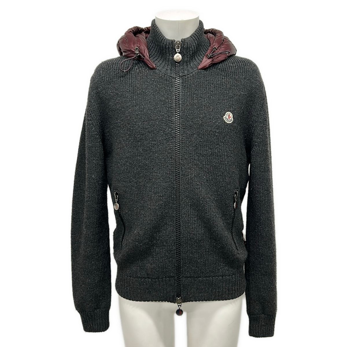 Moncler Jacket M Maglione Tricot Cardigan Dark Gray Bordeaux Down
