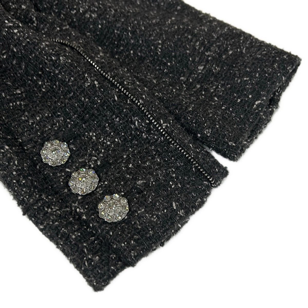Chanel Jacket 34 S Dark Gray Ivory Tweed Line Stone Zipper Motif Silk — view 5