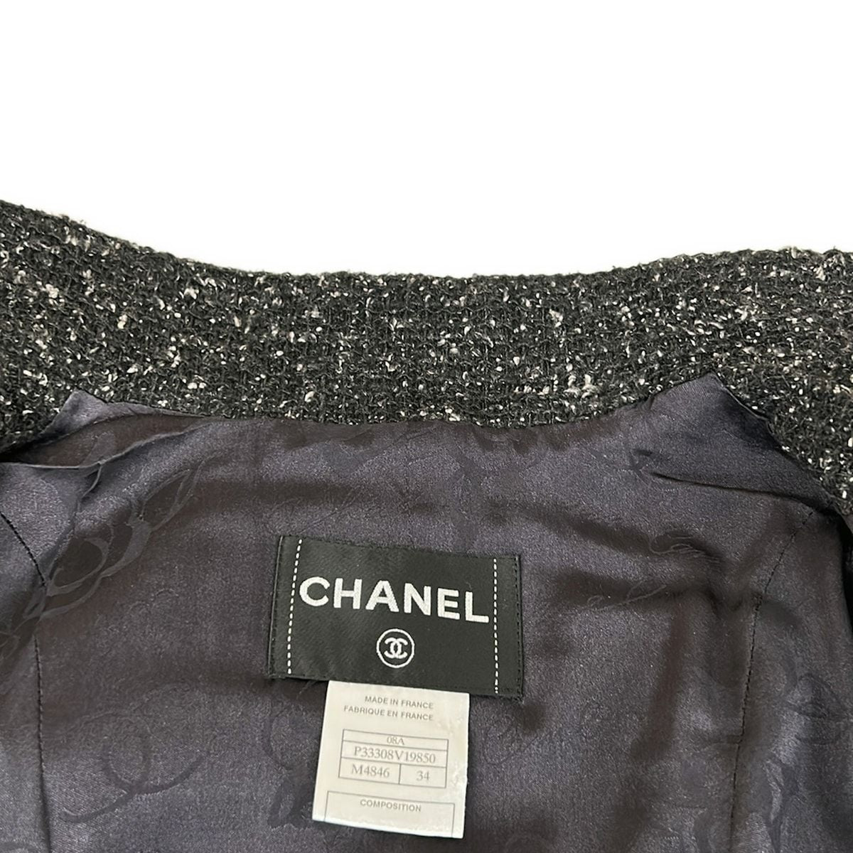 Chanel Jacket 34 S Dark Gray Ivory Tweed Line Stone Zipper Motif Silk — view 7