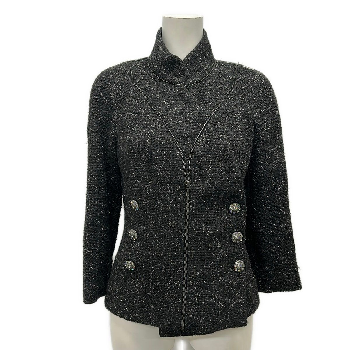 Chanel Jacket 34 S Dark Gray Ivory Tweed Line Stone Zipper Motif Silk