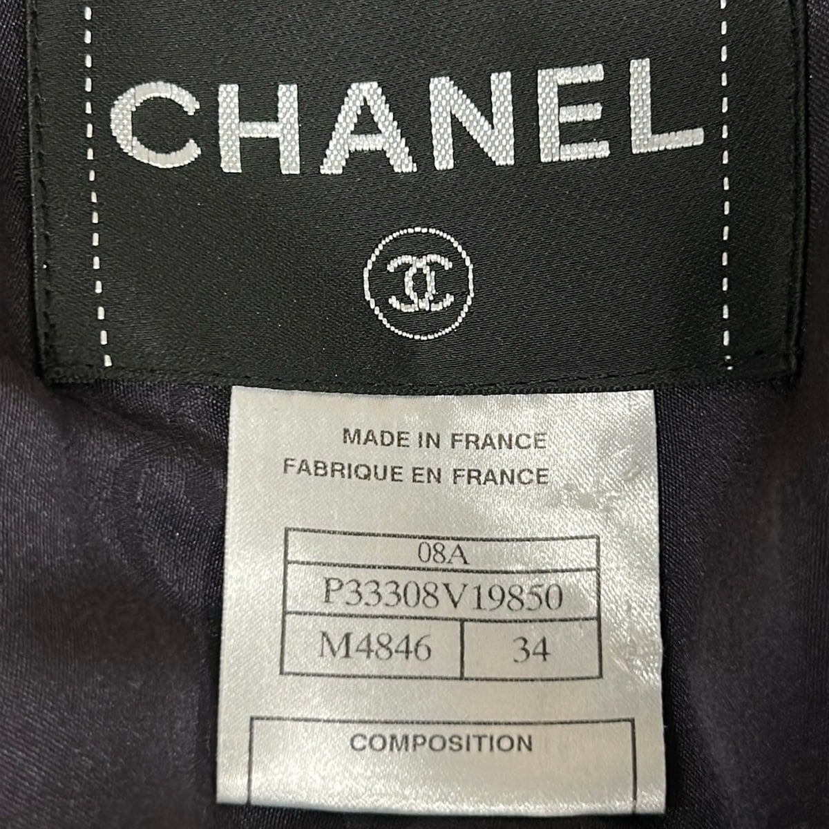 Chanel Jacket 34 S Dark Gray Ivory Tweed Line Stone Zipper Motif Silk — view 3