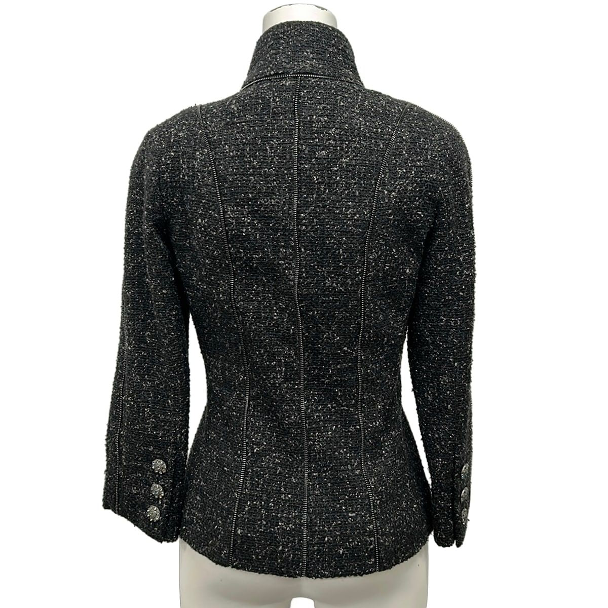 Chanel Jacket 34 S Dark Gray Ivory Tweed Line Stone Zipper Motif Silk — view 2