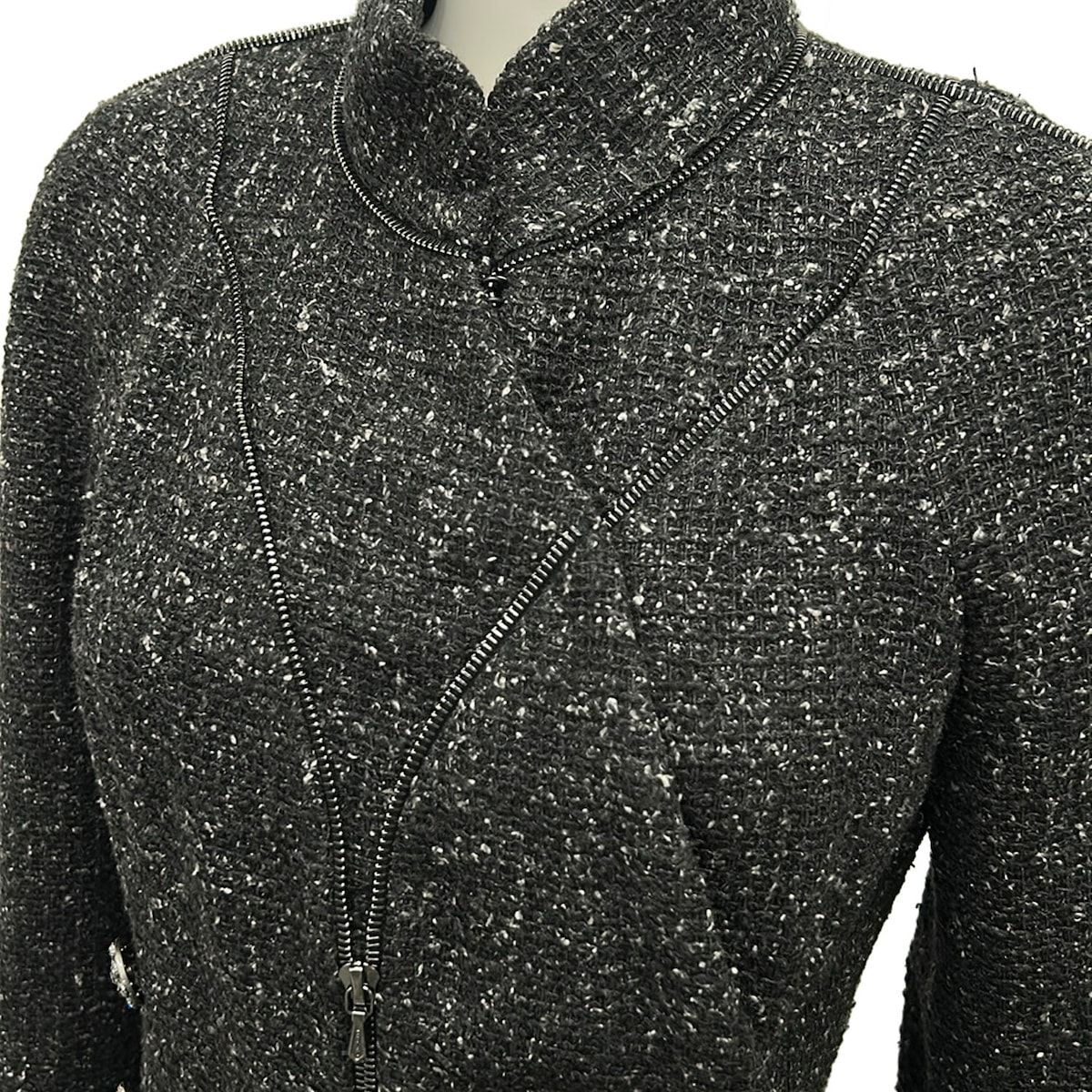 Chanel Jacket 34 S Dark Gray Ivory Tweed Line Stone Zipper Motif Silk — view 8