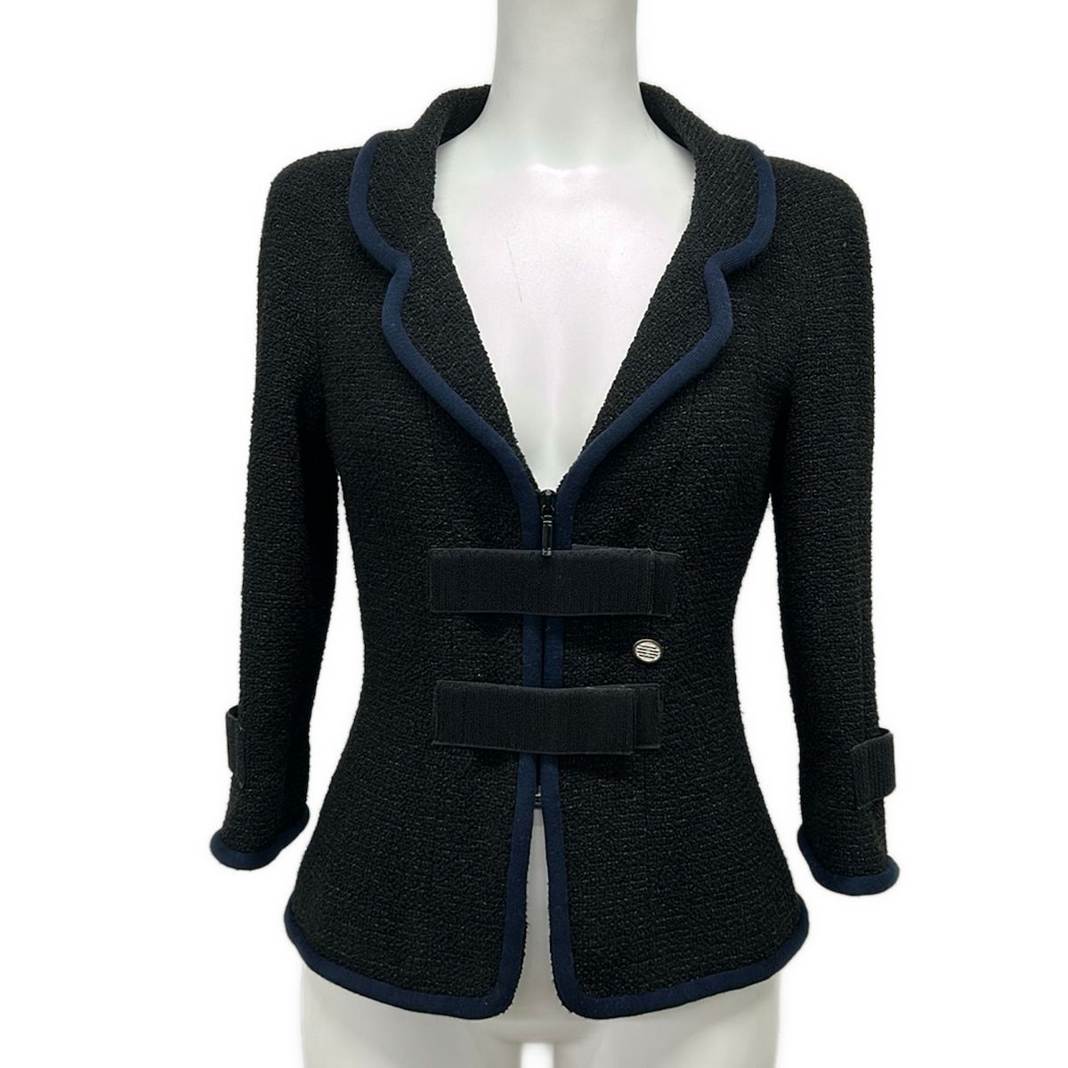 Chanel Jacket 36 S Black Dark Navy Tweed Magic Tape Cotton