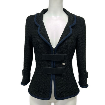 Chanel Jacket 36 S Black Dark Navy Tweed Magic Tape Cotton