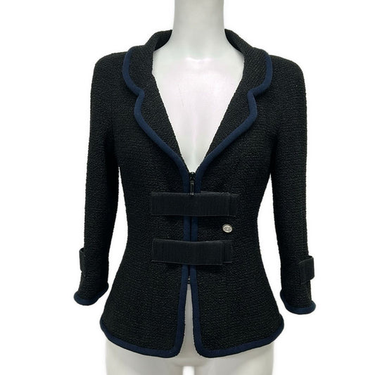 Chanel Jacket 36 S Black Dark Navy Tweed Magic Tape Cotton