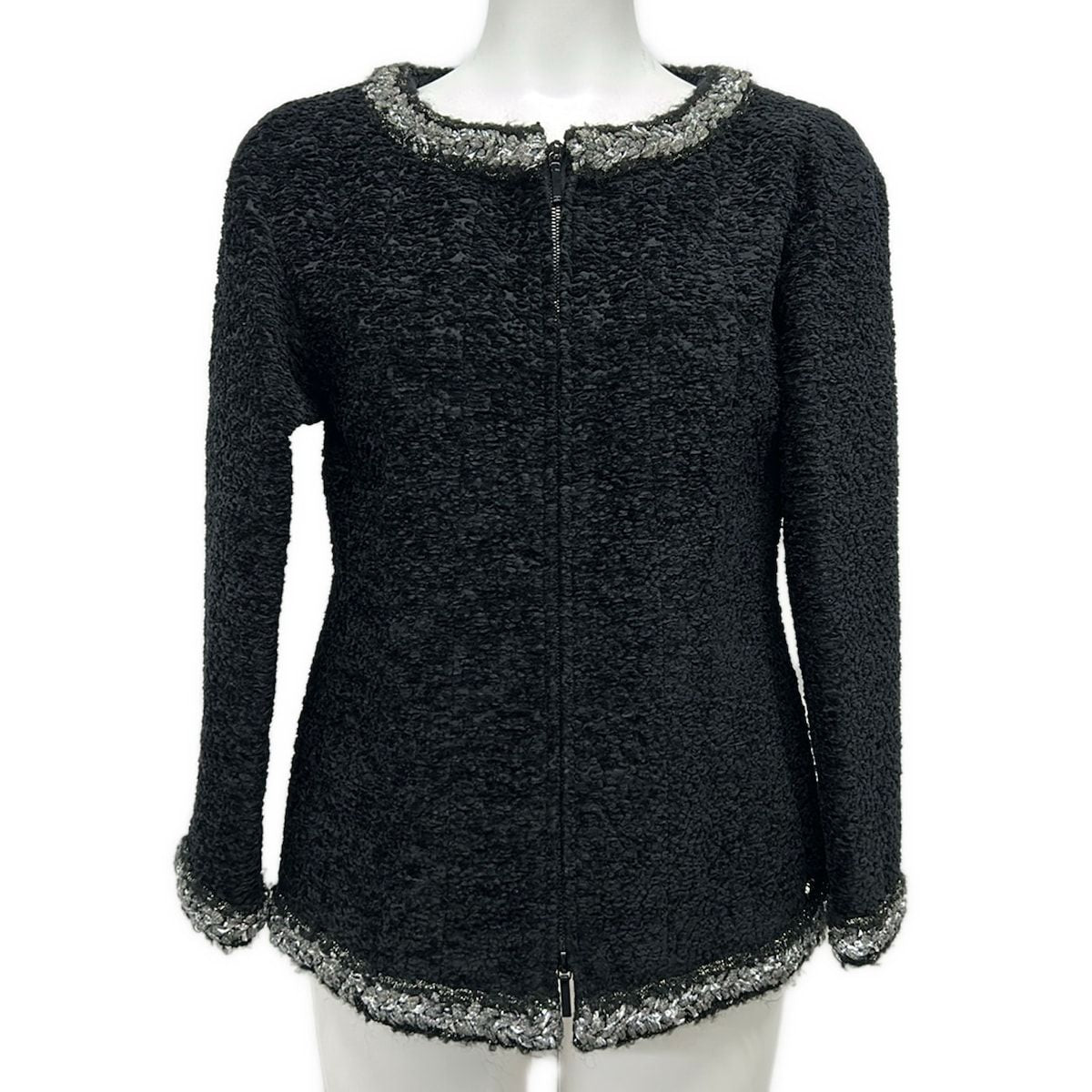 Chanel Jacket 38 M Black Silver Zip Up Long Sleeve Autumn Winter Silk