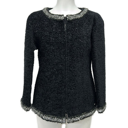 Chanel Jacket 38 M Black Silver Zip Up Long Sleeve Autumn Winter Silk
