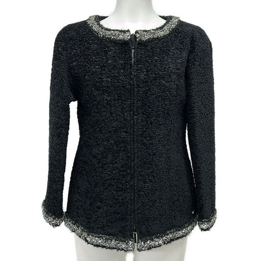 Chanel Jacket 38 M Black Silver Zip Up Long Sleeve Autumn Winter Silk