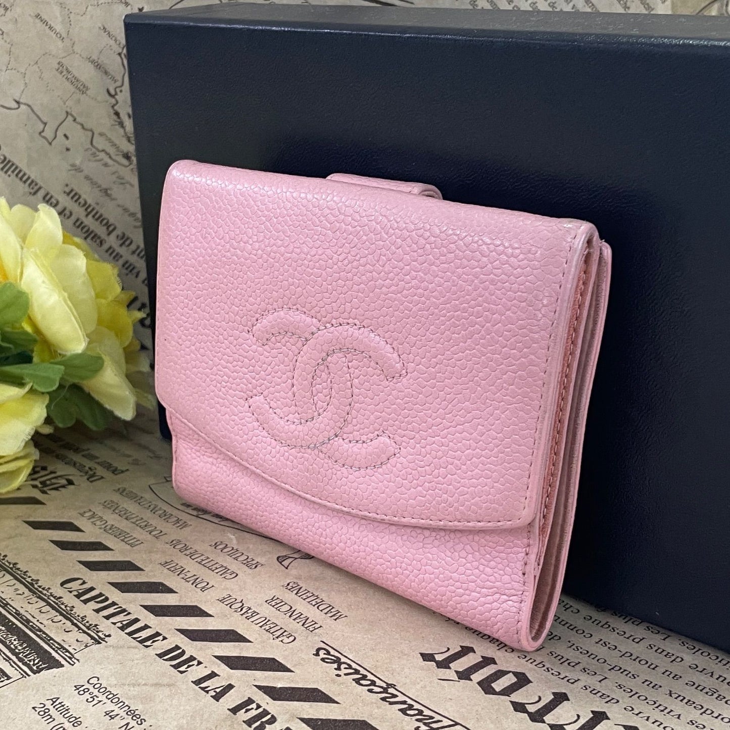 Chanel Fold Wallet Hook CC Logo Caviar Leather Pink