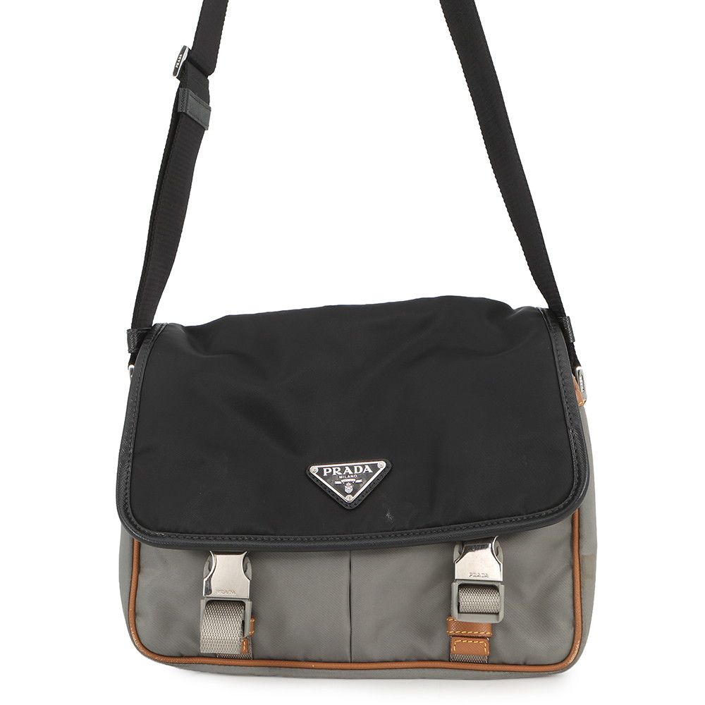 Prada Shoulder Bag Triangle Logo Nylon Leather Black