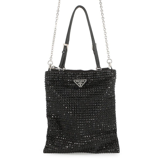 Prada Handbag Triangle Logo Crystal Satin 2-Way Black