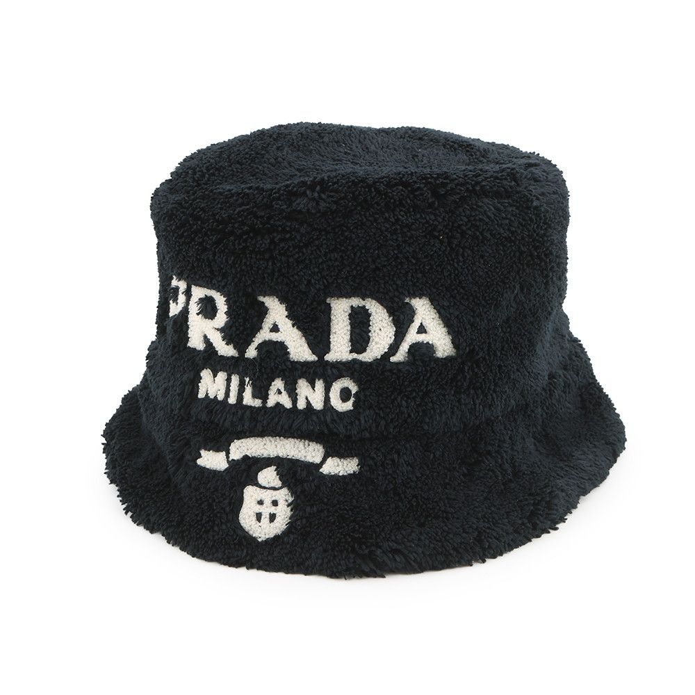 Prada Hat Logo Embroidery Bucket Hat Polyester S Hat Black