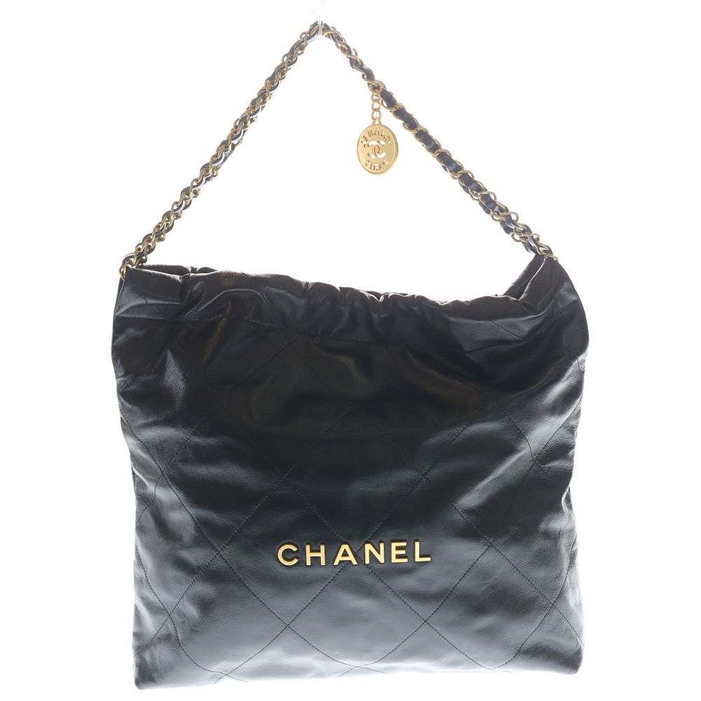 Chanel 22 Large Shoulder Bag Tote Black Shiny Calfskin Gold