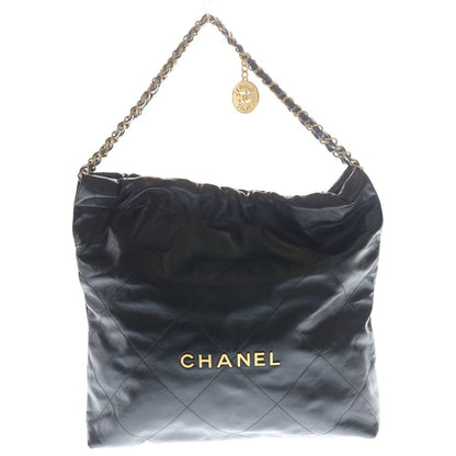 Chanel 22 Large Shoulder Bag Tote Black Shiny Calfskin Gold