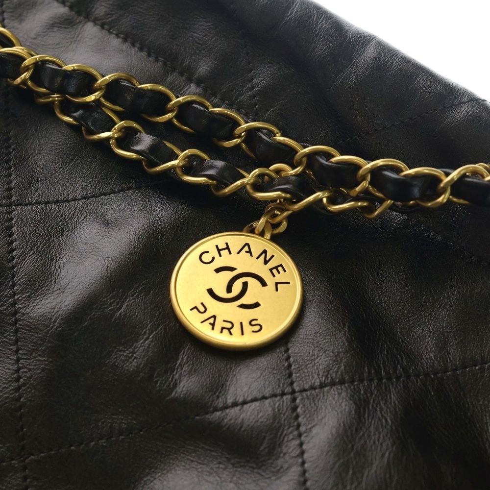 Chanel 22 Large Shoulder Bag Tote Black Shiny Calfskin Gold — view 6