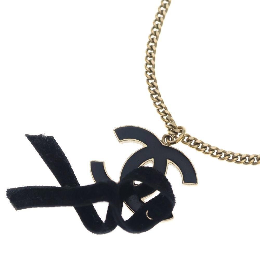 Chanel CC Logo Ribbon Necklace Pendant Chain Gold Black Metal
