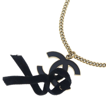 Chanel CC Logo Ribbon Necklace Pendant Chain Gold Black Metal