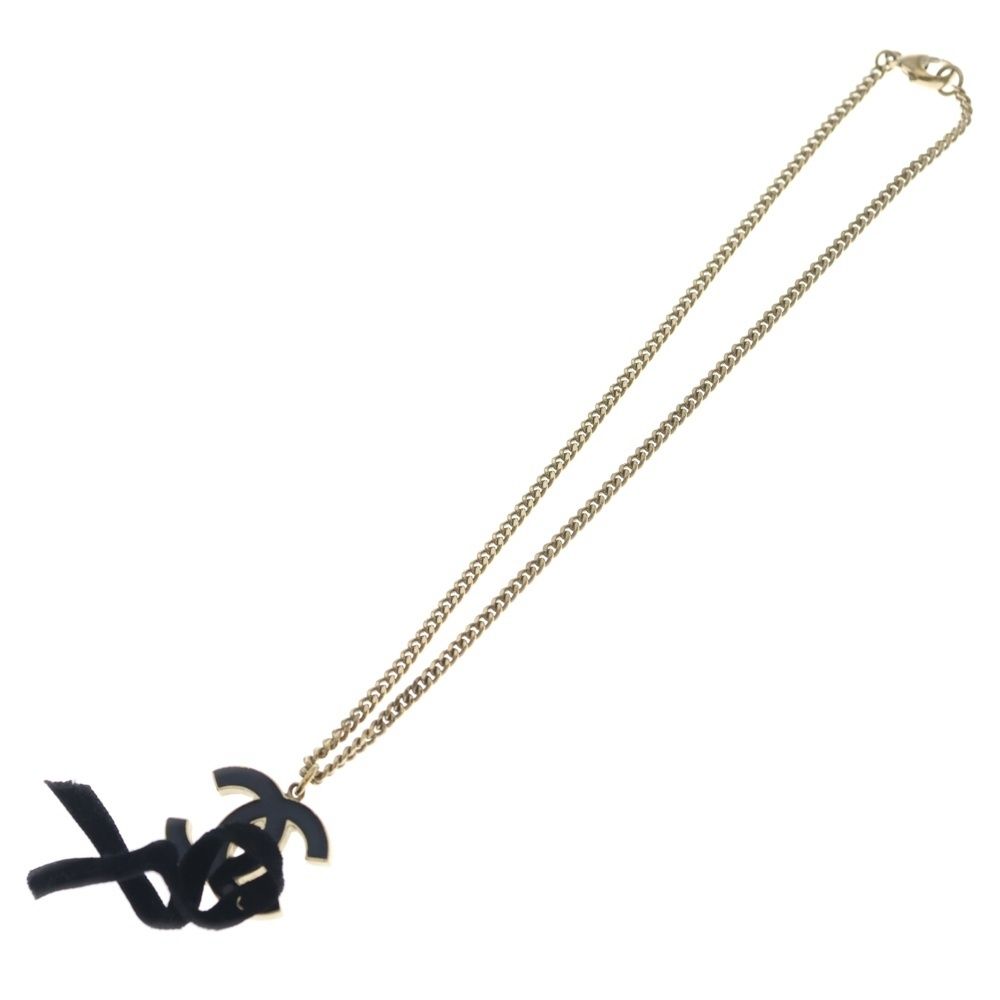 Chanel CC Logo Ribbon Necklace Pendant Chain Gold Black Metal — view 2