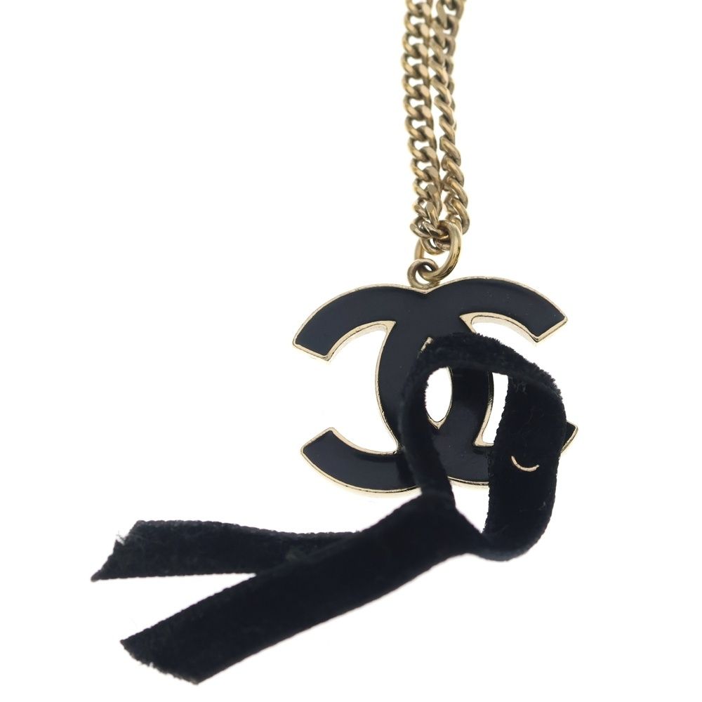 Chanel CC Logo Ribbon Necklace Pendant Chain Gold Black Metal — view 3