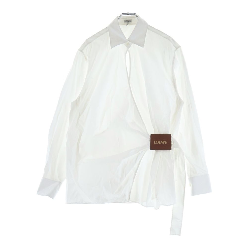 Loewe Draped Shirt Logo Leather Decoration Cotton Long Sleeve White