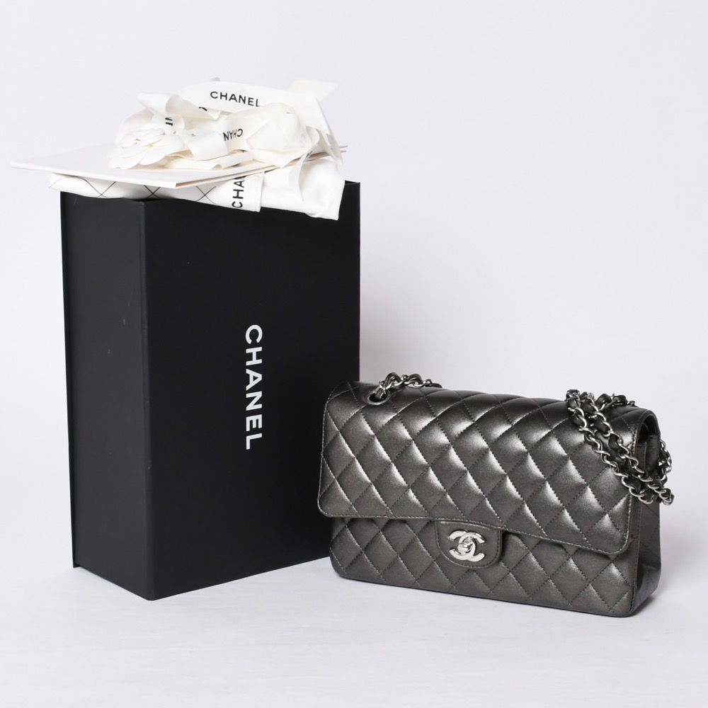 Chanel Quilted 25 Double Flap Chain Shoulder Bag Shine Gray Lambskin Silver