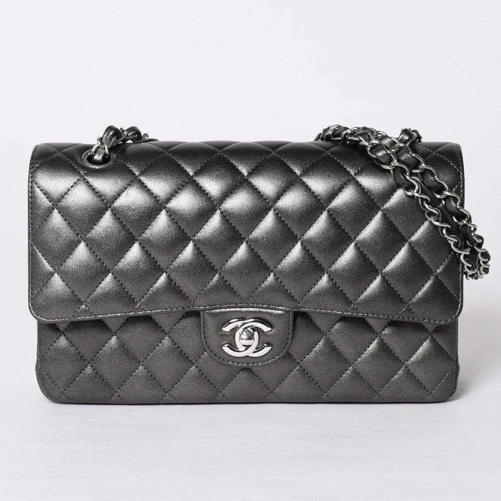 Chanel Quilted 25 Double Flap Chain Shoulder Bag Shine Gray Lambskin Silver — view 2