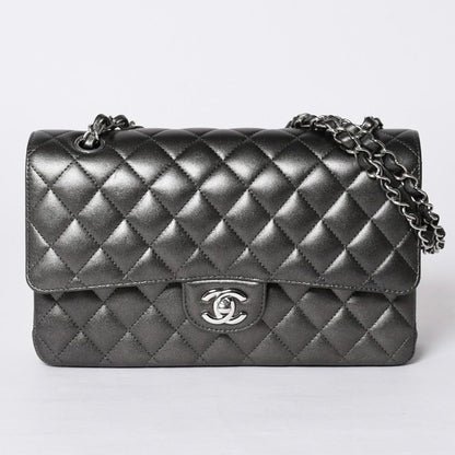 Chanel Quilted 25 Double Flap Chain Shoulder Bag Shine Gray Lambskin Silver — view 2