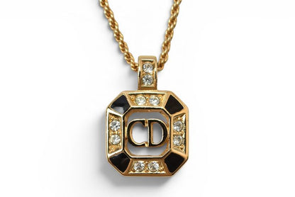 Dior Necklace Choka Vintage Line Stone CD Logo Gold Black