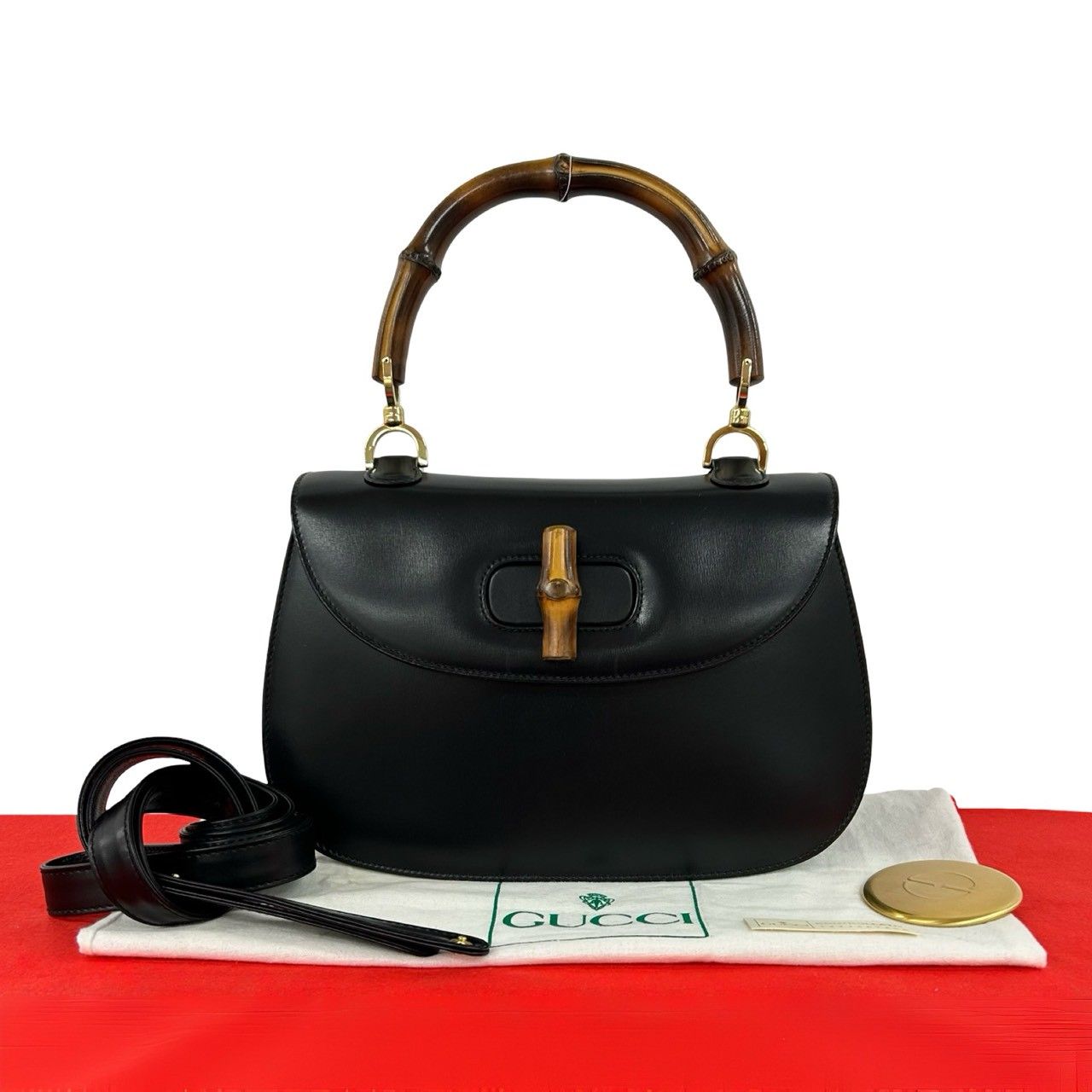 Gucci Vintage Bamboo Leather 2-Way Shoulder Bag Black